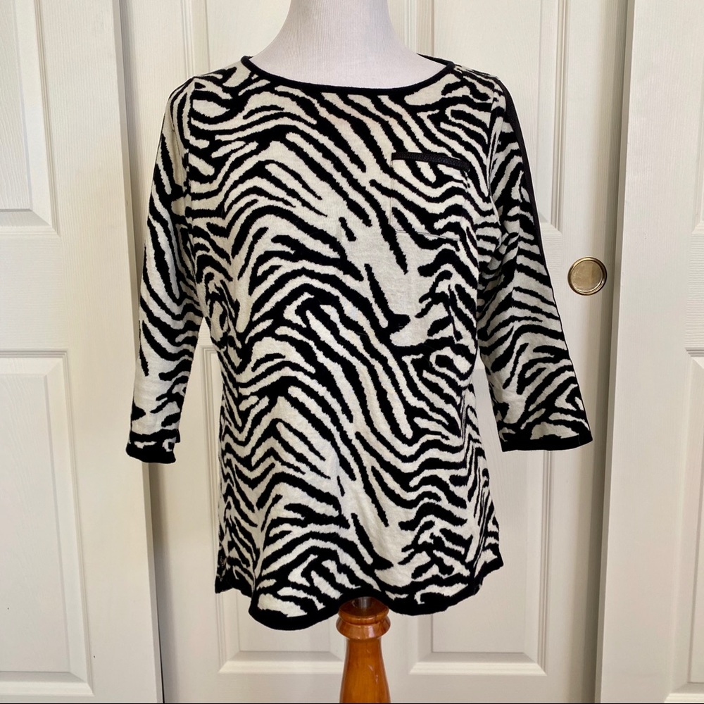 Style & Co Zebra Print Sweater Faux Leather Trim Pocket 3/4 Sleeve Sz Small